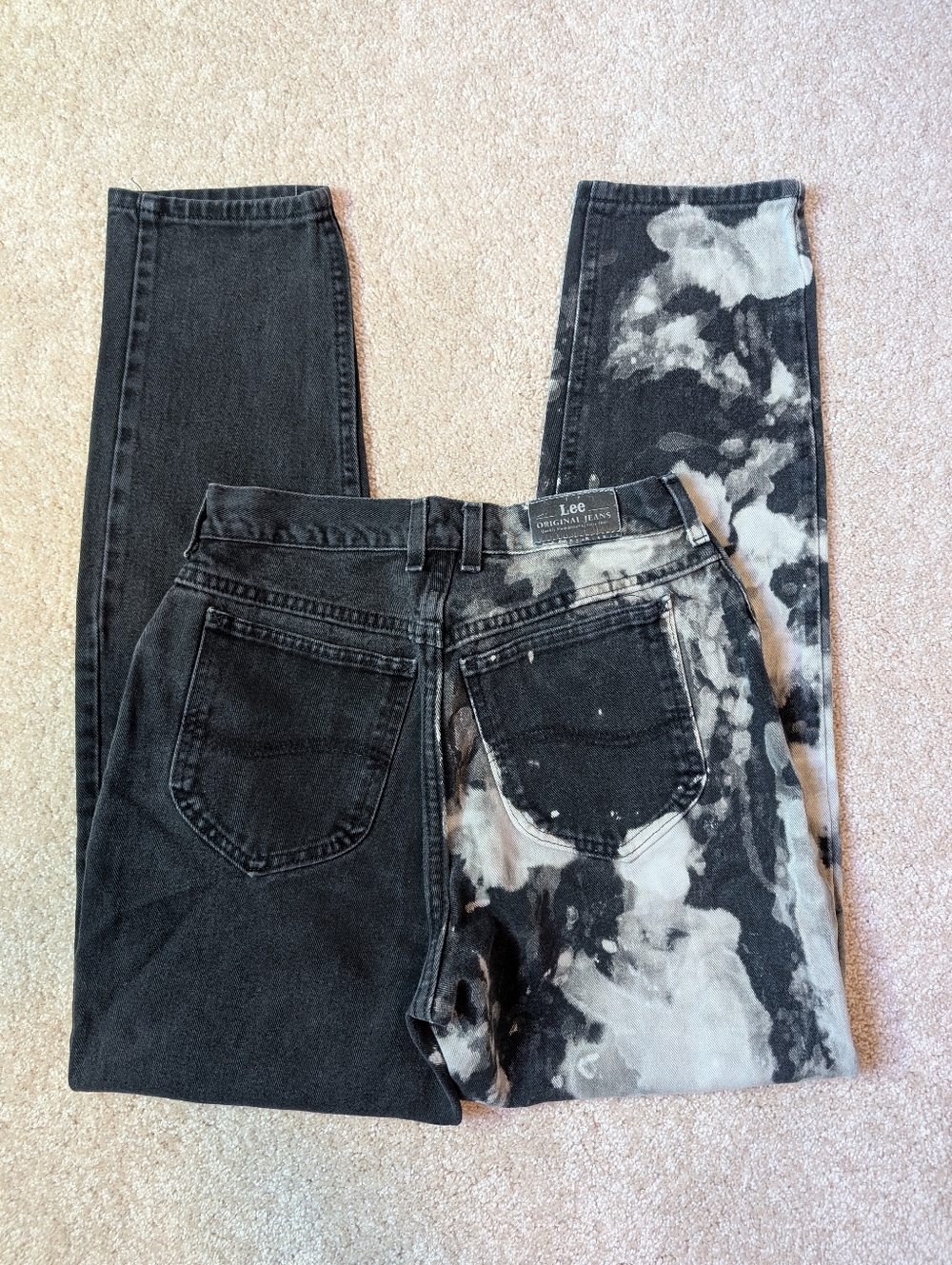 Vintage Lee Original Black Denim Bleached White Tapered Leg High Rise Jeans